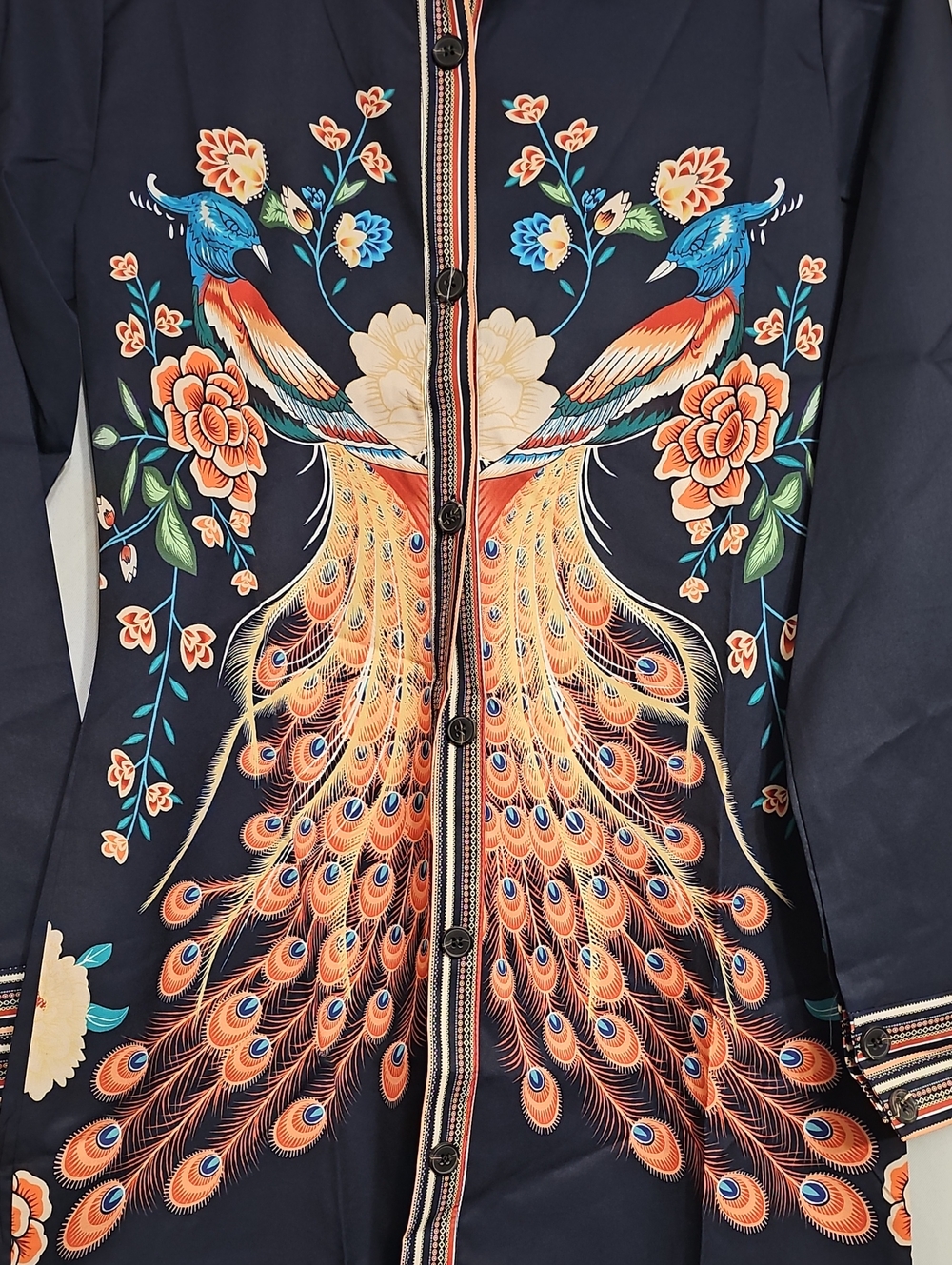 Peacock Motif Tunic Mini Dress Layer Top Button Down Longline Shirt Small Navy